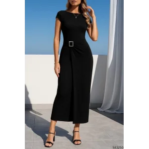 Kadın Sandy Kumaş Metal Toka Detaylı Midi Boy Elbise