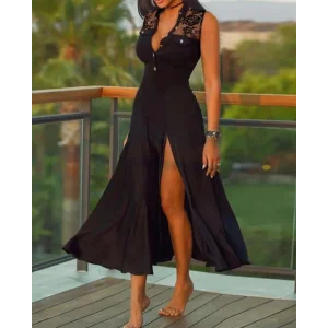 Kadın Sıfır Kol Hakim Yaka önden Düğmeli Dantel Detaylı Yırtmaçlı Viskon Midi Elbise