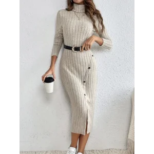 Kadın Uzun Kollu Balıkçı Yaka Yırtmaçlı Düğmeli şardonlu Kaşkorse Elbise(kemersiz)