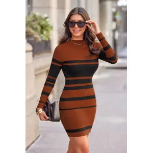 Kadın Uzun Kollu Bisiklet Yaka çizgili Triko Midi Boy Elbise