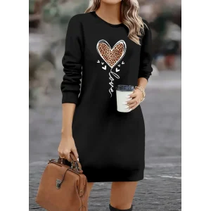 Kadın Uzun Kollu Bisiklet Yaka Kalp Desenli Kısa Viskon Elbise