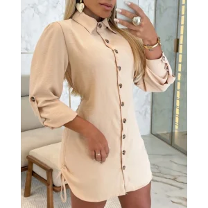 Kadın Uzun Kollu Gömlek Yaka önden Düğmeli Yanlardan Büzgülü Kısa Aerobin Elbise