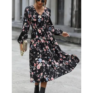 Kadın Uzun Kollu Kruvaze Yaka Beli Lastikli Yandan Yırtmaçlı Desenli Dalgıç Elbise