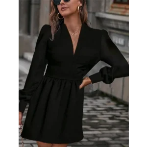 Kadın Uzun Kollu V Yaka Belden Hafif Pileli Scuba Krep Mini Boy Elbise