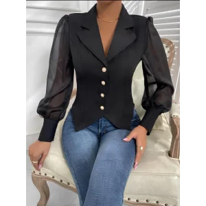 Kadın Uzun Kollu Yakalı önden Ve Koldan Düğmeli Atlas Bluz