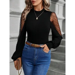 Kadın Uzun Kollu Yarı Balıkçı Yaka Kolları Tül Detaylı Ithal Krep Bluz