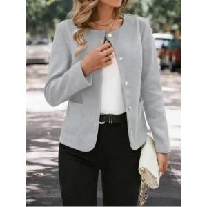 Kadın Uzun Kollu Yuvarlak Yaka önden Düğmeli Kaşe Ceket