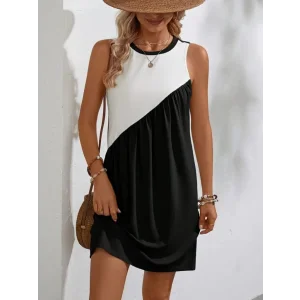 Kadın Viskon Kumaş çift Renkli Sıfır Kol Elbise