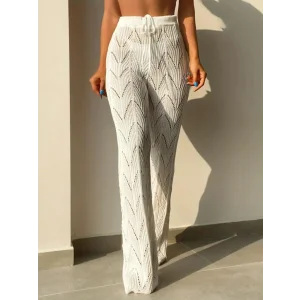 Kadın Yüksek Bel Bağcıklı Desenli Triko Plaj Pantolon