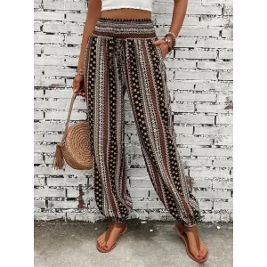 Kadın Yüksek Bel Etnik Desenli Geniş Dökümlü Bürümcük Pantolon