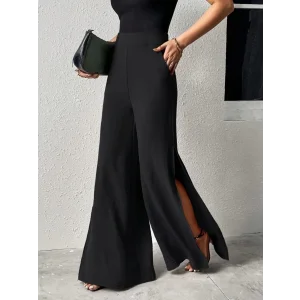 Kadın Yüksek Bel Yandan Fermuarlı Yırtmaçlı Geniş Paçalı Aerobin Pantolon