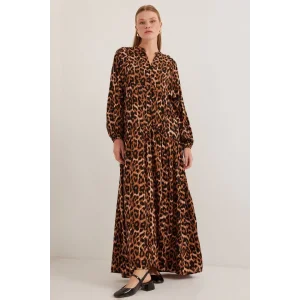 Kahverengi Bej Viskon Tesettür Elbise 2423