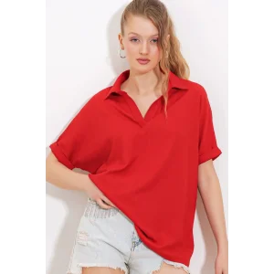 Kırmızı Oversize Polo Yaka Örme Bluz 0486