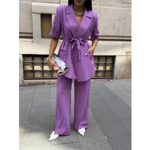 KISA KOL BAĞLAMA DETAYLI CEKET-PANTOLON TAKIM - Mor