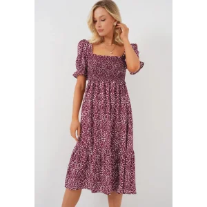 Kısa Kol Çiçekli Elbise 2556 - Bordo