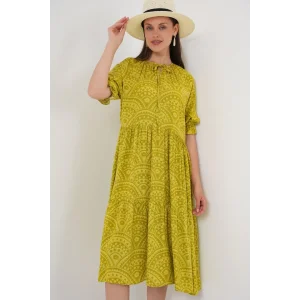 Kısa Kol Desenli Elbise 2553 - E.Yeşil