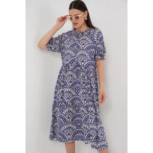 Kısa Kol Desenli Elbise 2553 - İndigo