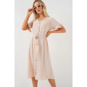 Kısa Kol Düğmeli Elbise 2555 - Krem