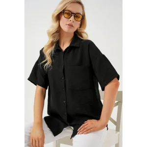 Kısa Kol Keten Görünümlü Gömlek 20336 - Siyah