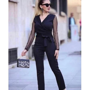 Krep Kumaş Kol Tül Puan Detaylı Kuşaklı Tulum 141 Cm