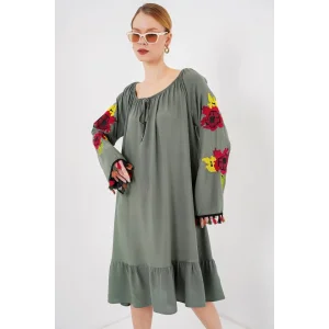 Nakışlı Midi Elbise 2531 - Haki