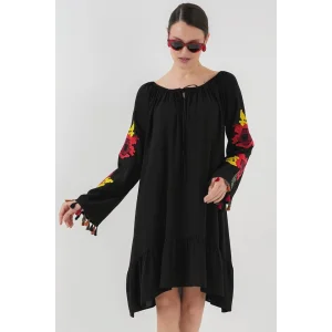 Nakışlı Midi Elbise 2531 - Siyah