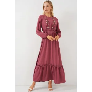 Nakışlı Uzun Tesettür Elbise 2550 - Gül Kurusu