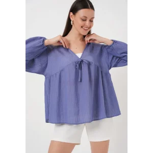Önü Bağcıklı Uzun Kol Bluz 946 - İndigo