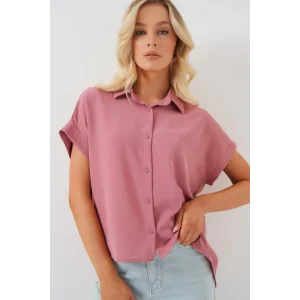 Oversize Kısa Kol Gömlek 20322 - Pembe