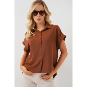 Oversize Kısa Kol Gömlek 20322 - Taba