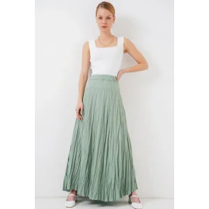 Uzun Kırışık Etek 8042 - Çağla