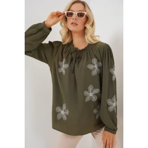 Uzun Kol Nakışlı Örme Bluz 951 - Haki