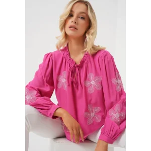 Uzun Kol Nakışlı Örme Bluz 951 - Pembe