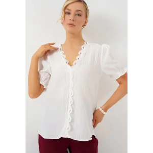 V Yaka Dantelli Bluz 956 - Beyaz