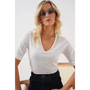 V Yaka Kısa Kol Basic Bluz 955 - Beyaz