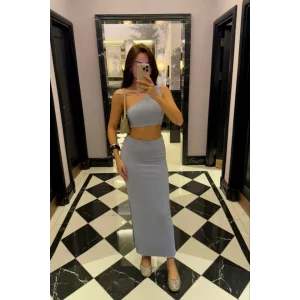 Yandan Yırtmaçlı Uzun Etek Asimetrik Crop İkili Takım - Bebek Mavisi