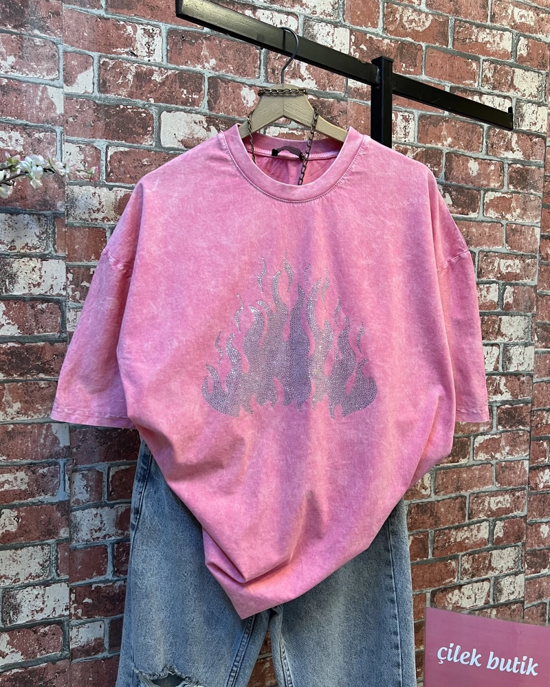 Taşlı Desen Oversize Tshirt