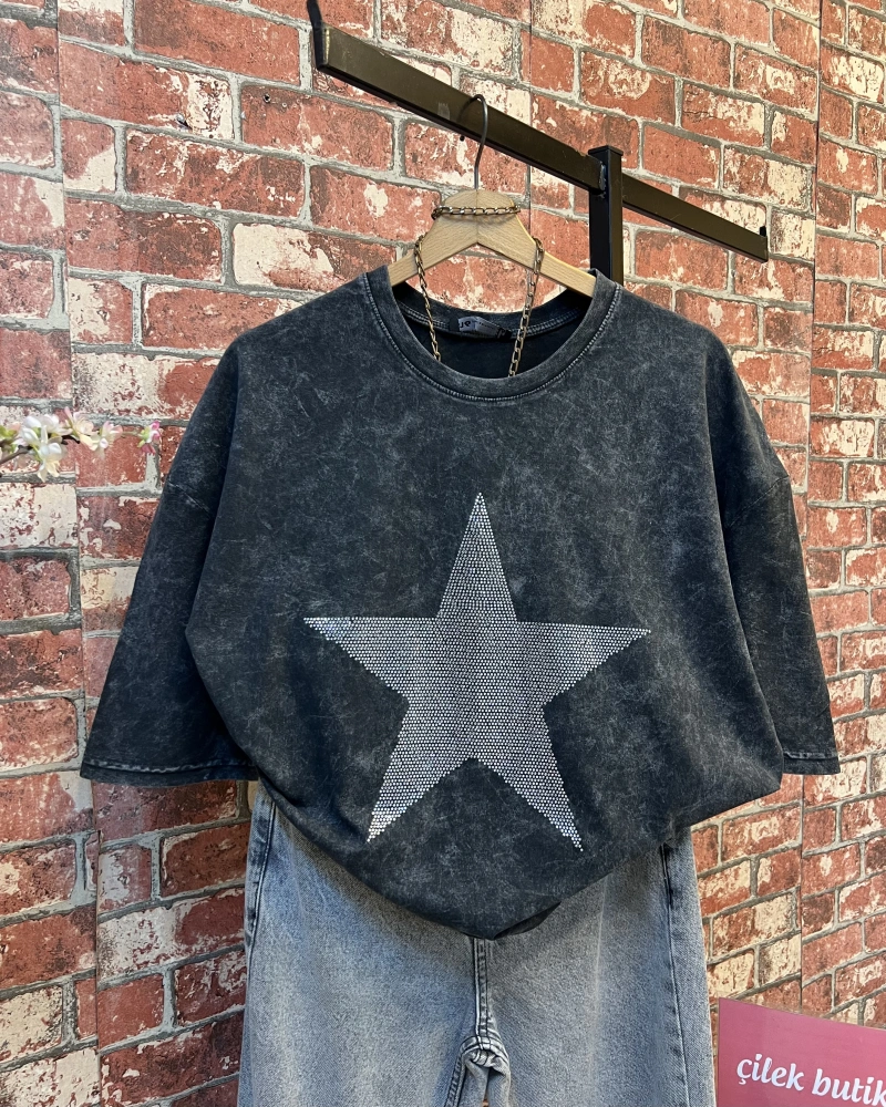 Taşlı Desen Oversize Tshirt
