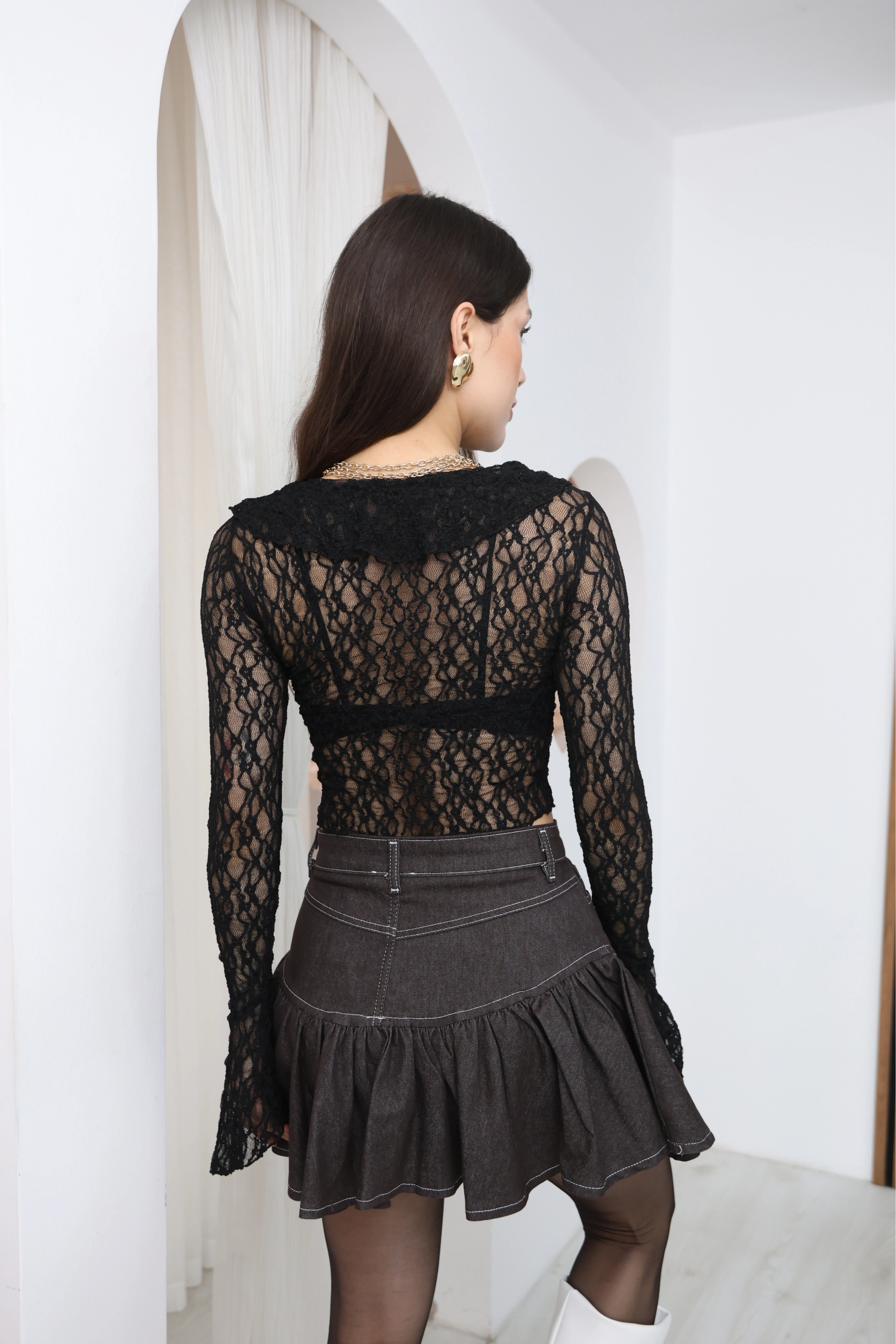 ÖNÜ BAGLAMALI TRANSPARAN BLUZ-SIYAH