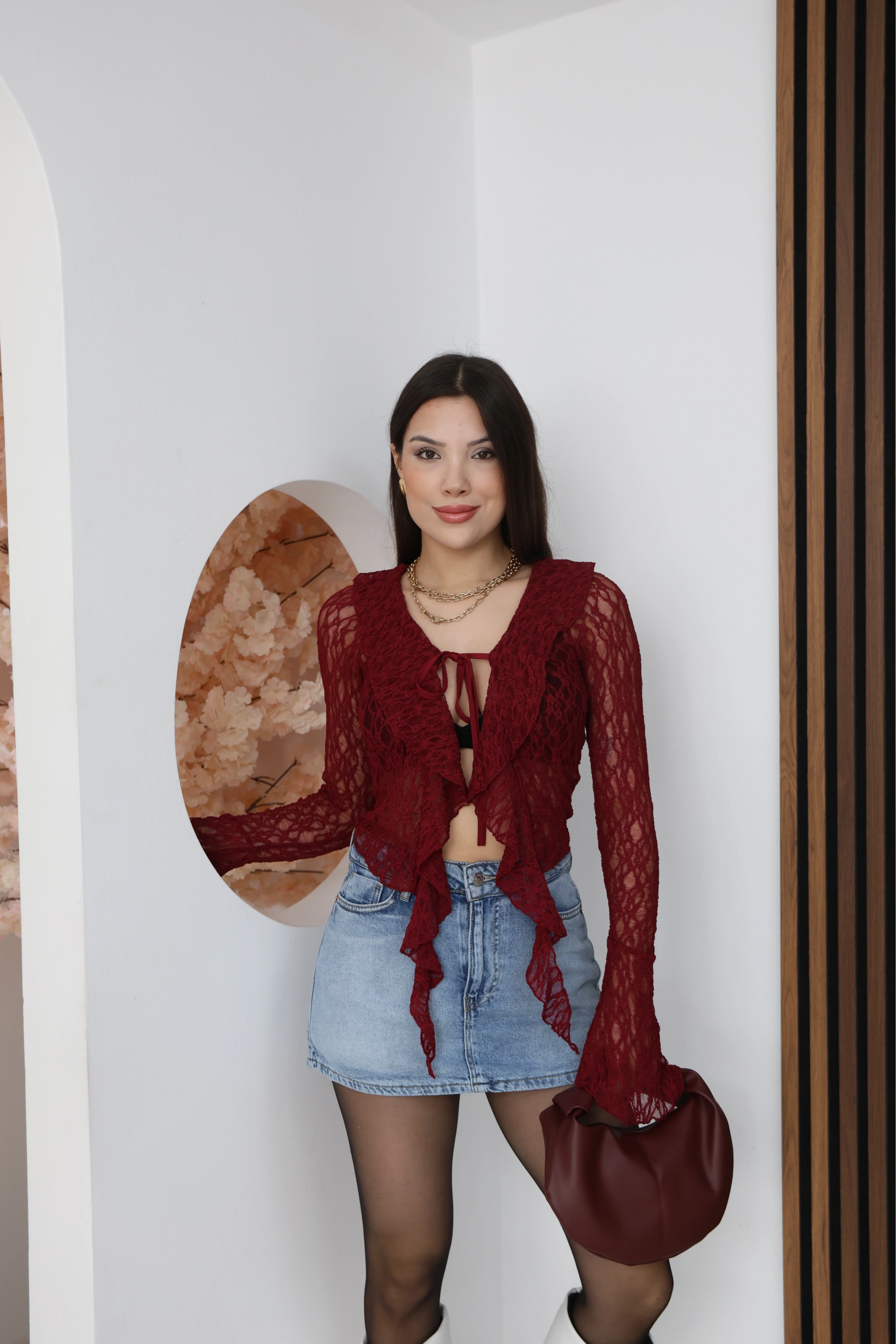 ÖNÜ BAGLAMALI TRANSPARAN BLUZ-BORDO