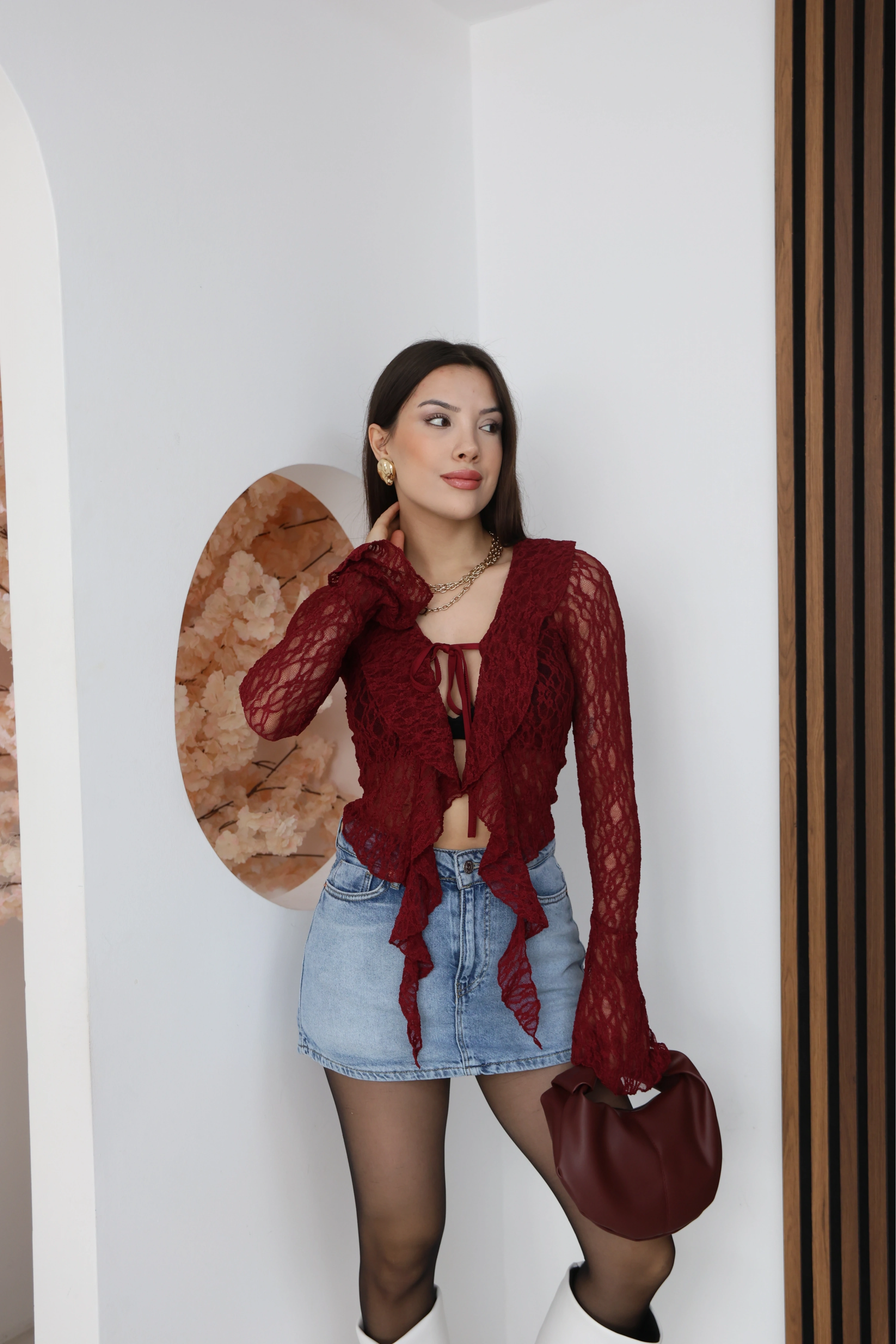 ÖNÜ BAGLAMALI TRANSPARAN BLUZ-BORDO