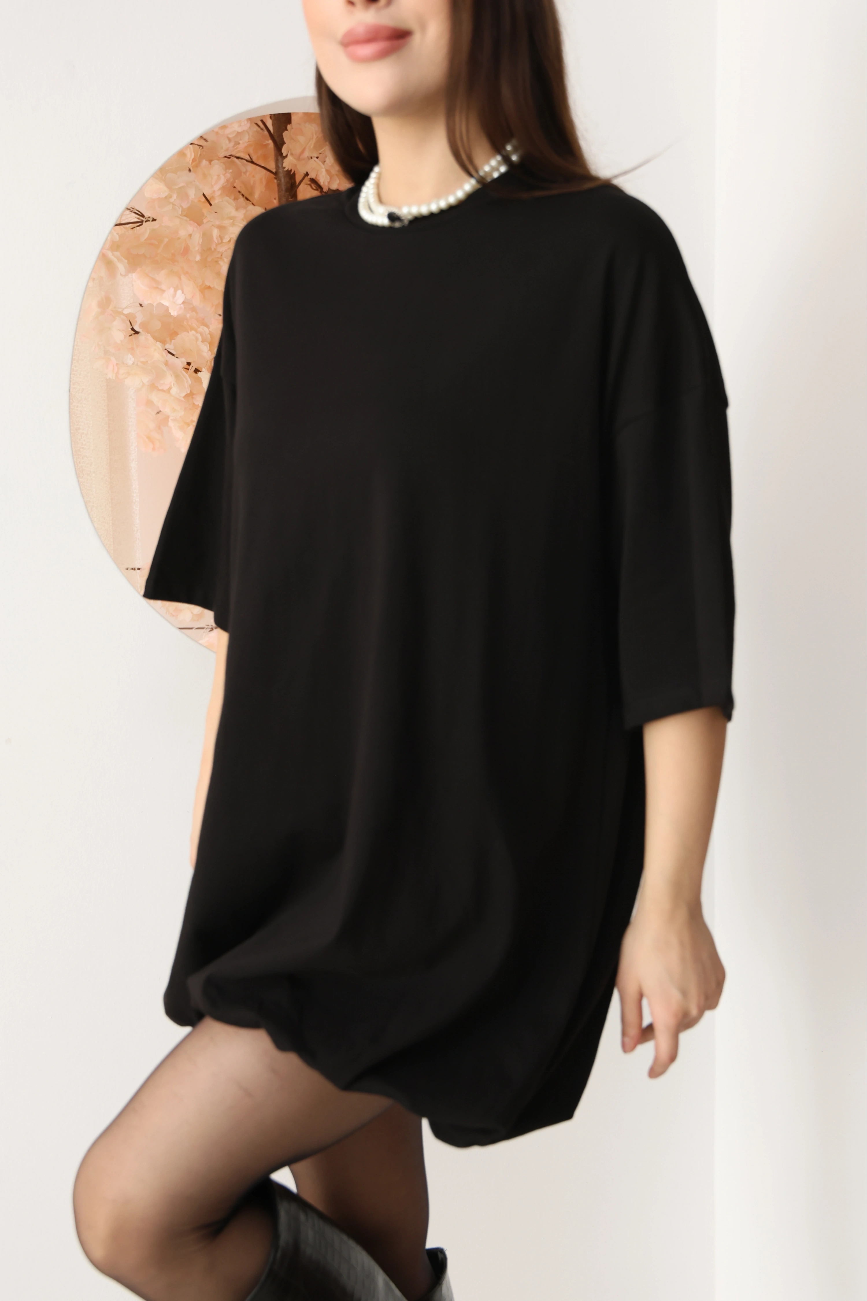 BASİC SALAS KESİM ELBİSE GÖRÜNÜMLÜ TUNİK-SİYAH