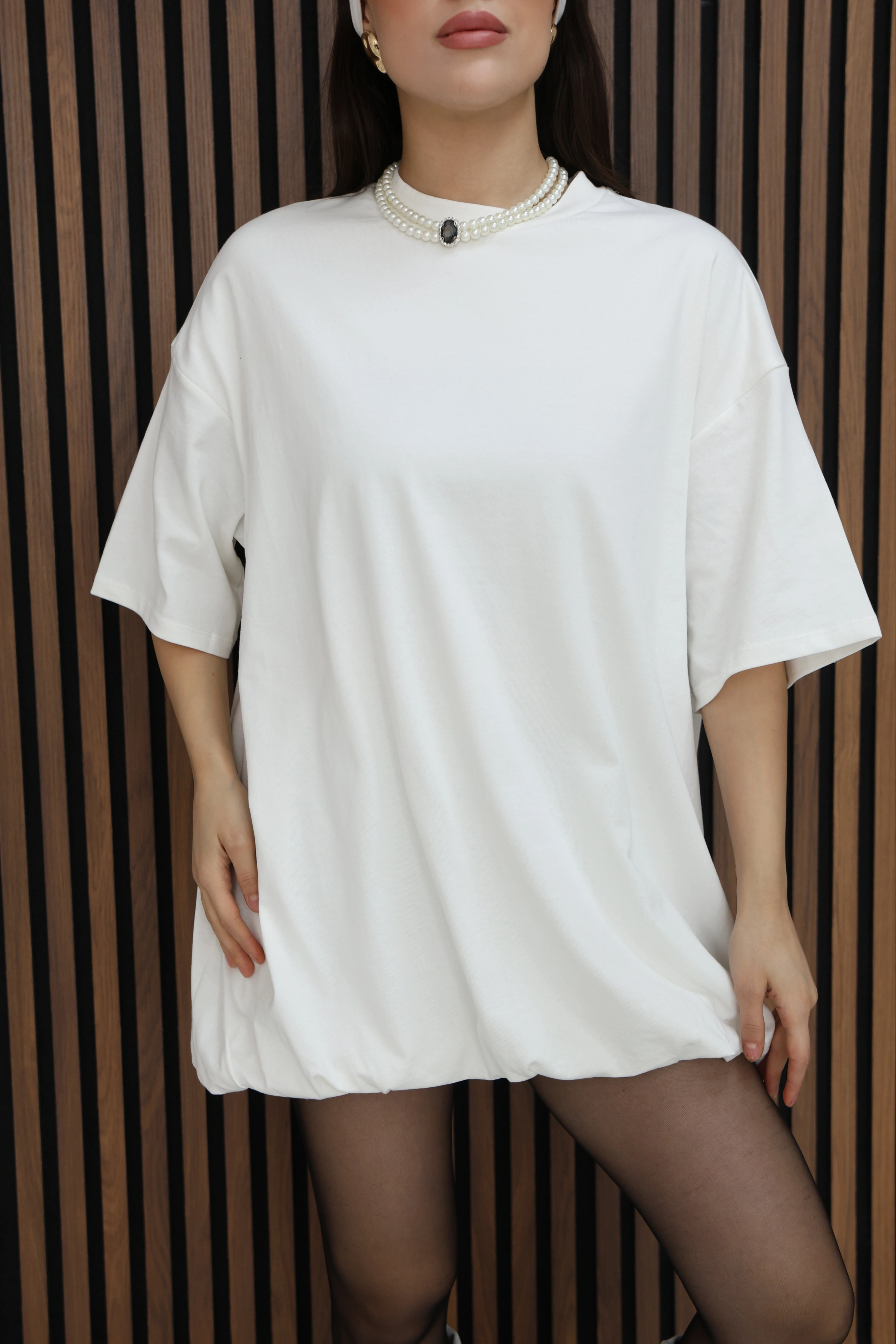 BASİC SALAS KESİM ELBİSE GÖRÜNÜMLÜ TUNİK-BEYAZ