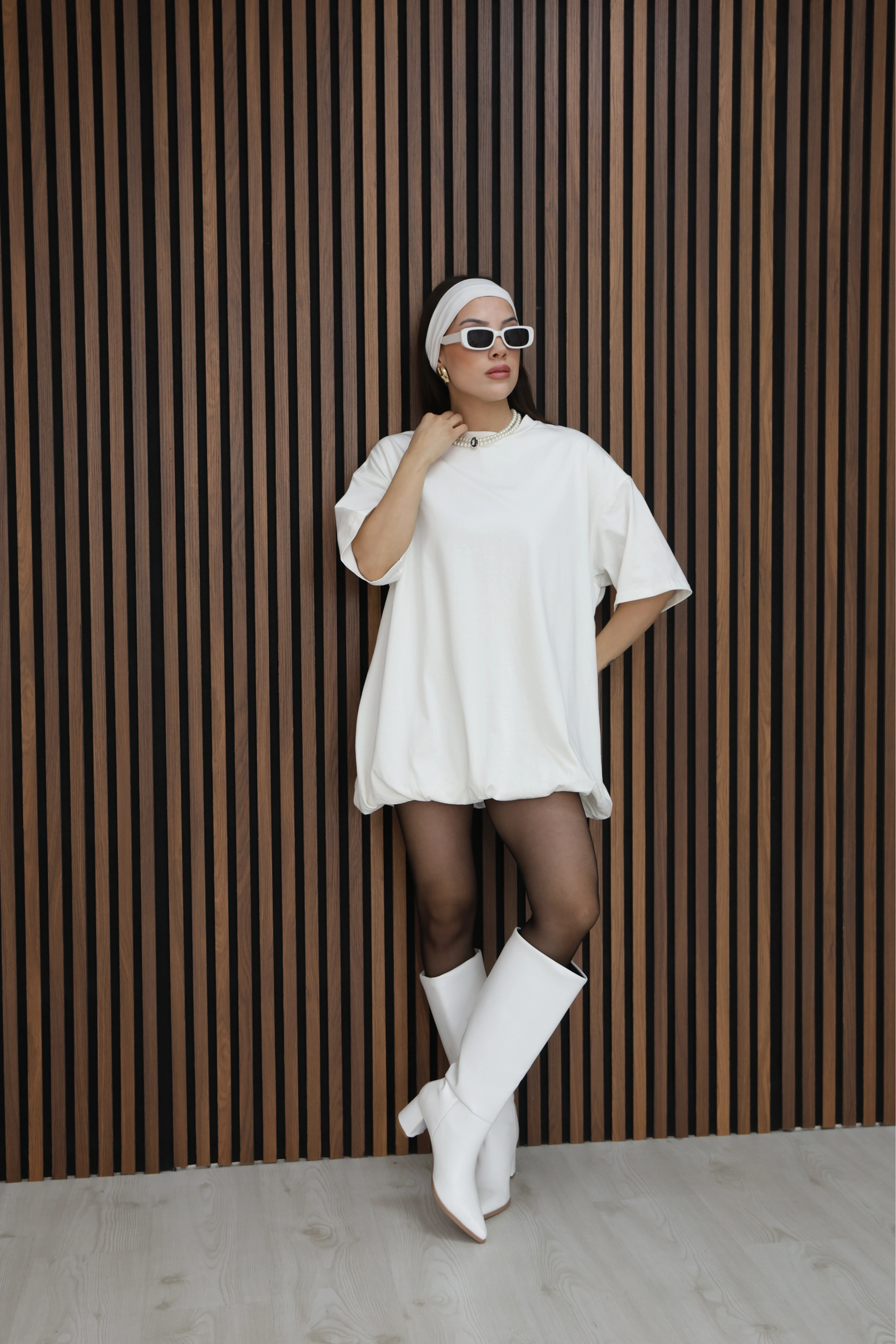 BASİC SALAS KESİM ELBİSE GÖRÜNÜMLÜ TUNİK-BEYAZ