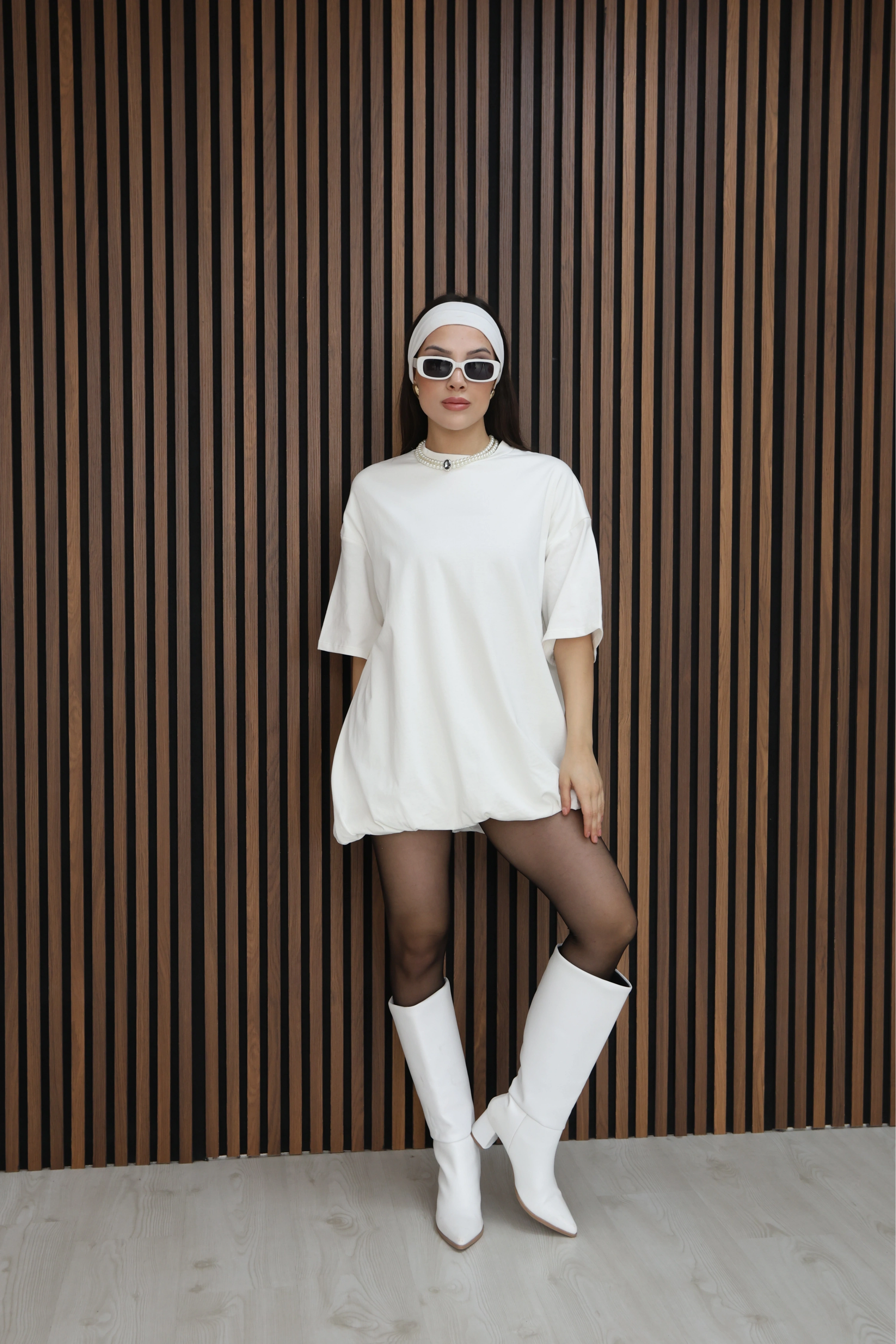 BASİC SALAS KESİM ELBİSE GÖRÜNÜMLÜ TUNİK-BEYAZ