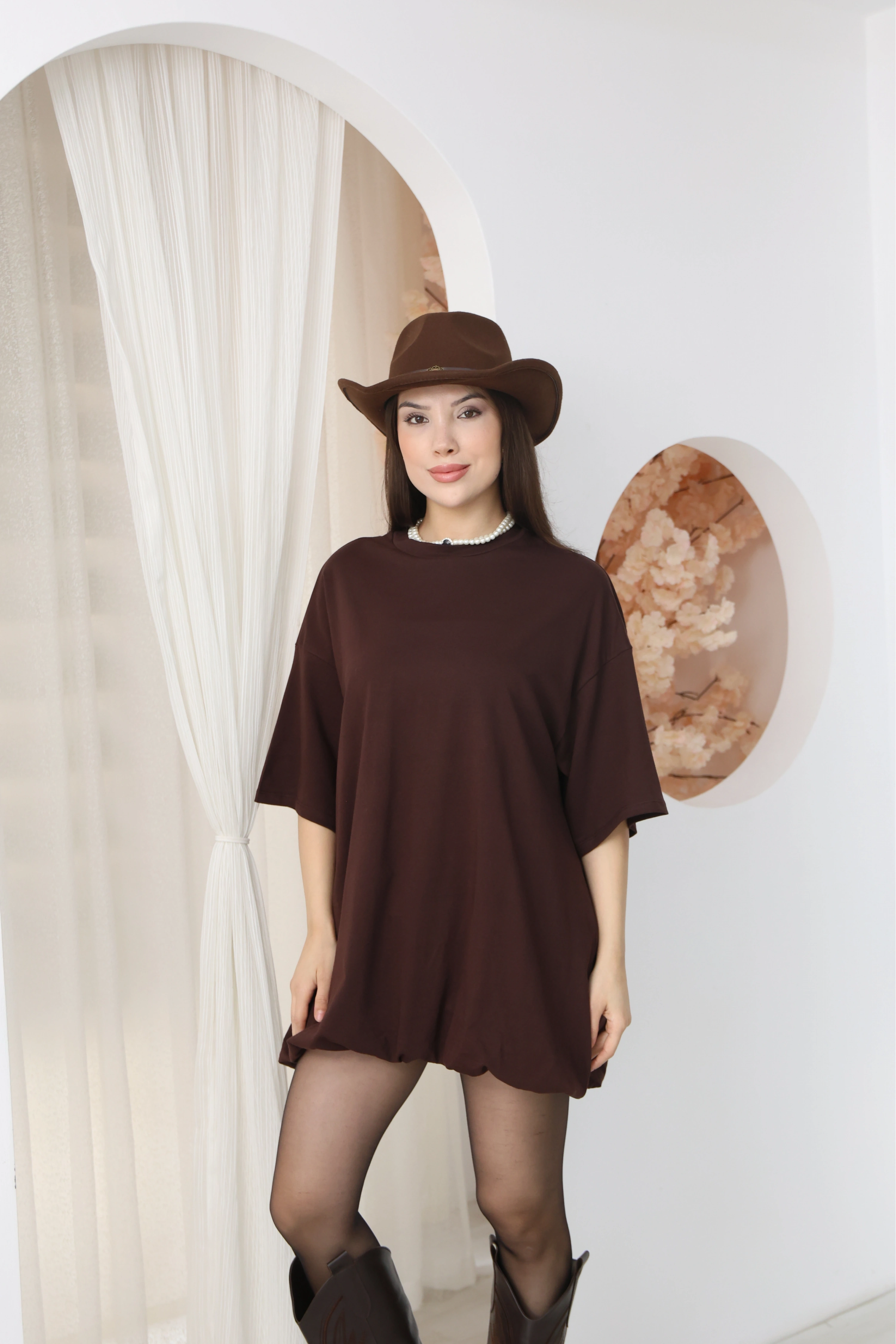 BASİC SALAS KESİM ELBİSE GÖRÜNÜMLÜ TUNİK-KAHVE