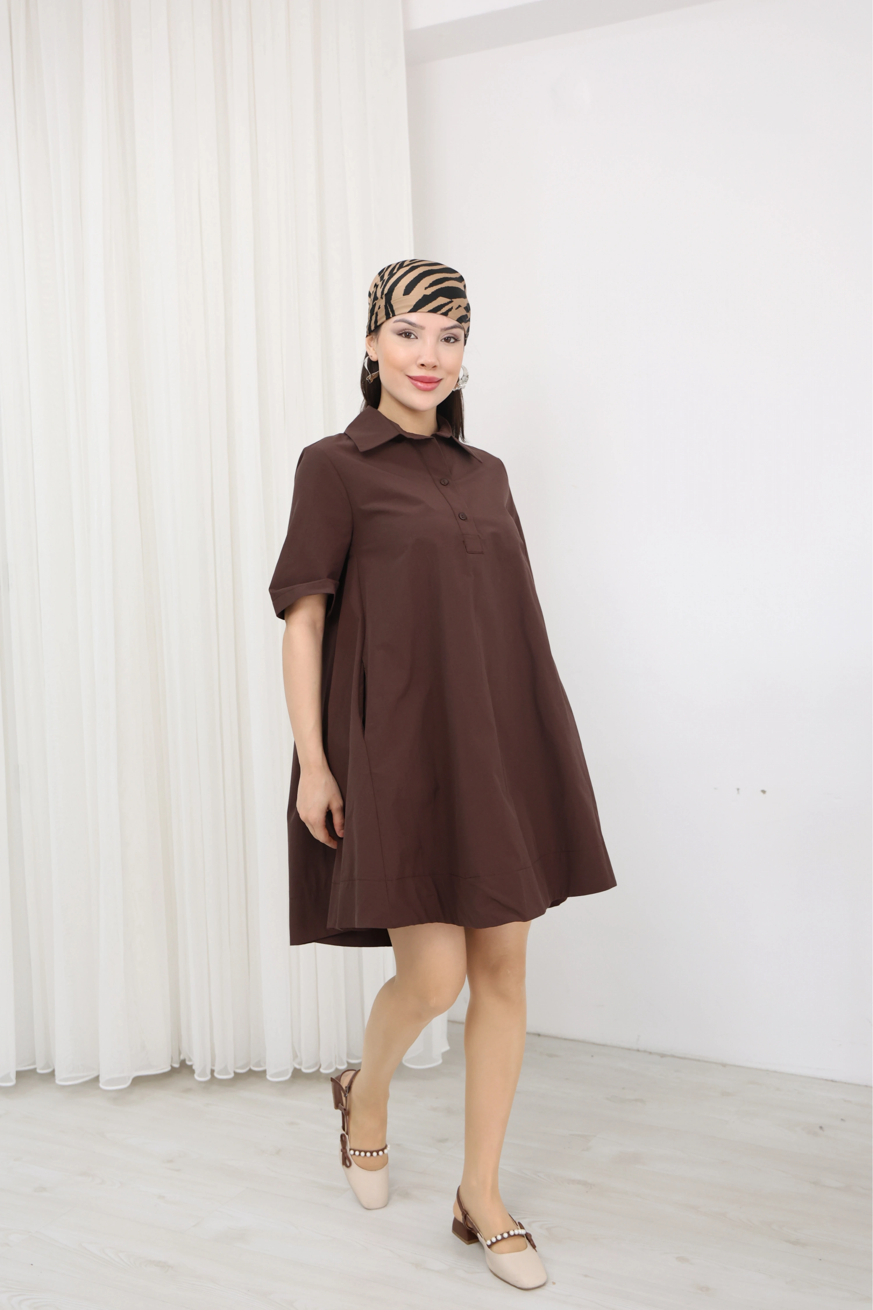 GÖMLEK YAKA ELBİSE - KAHVE