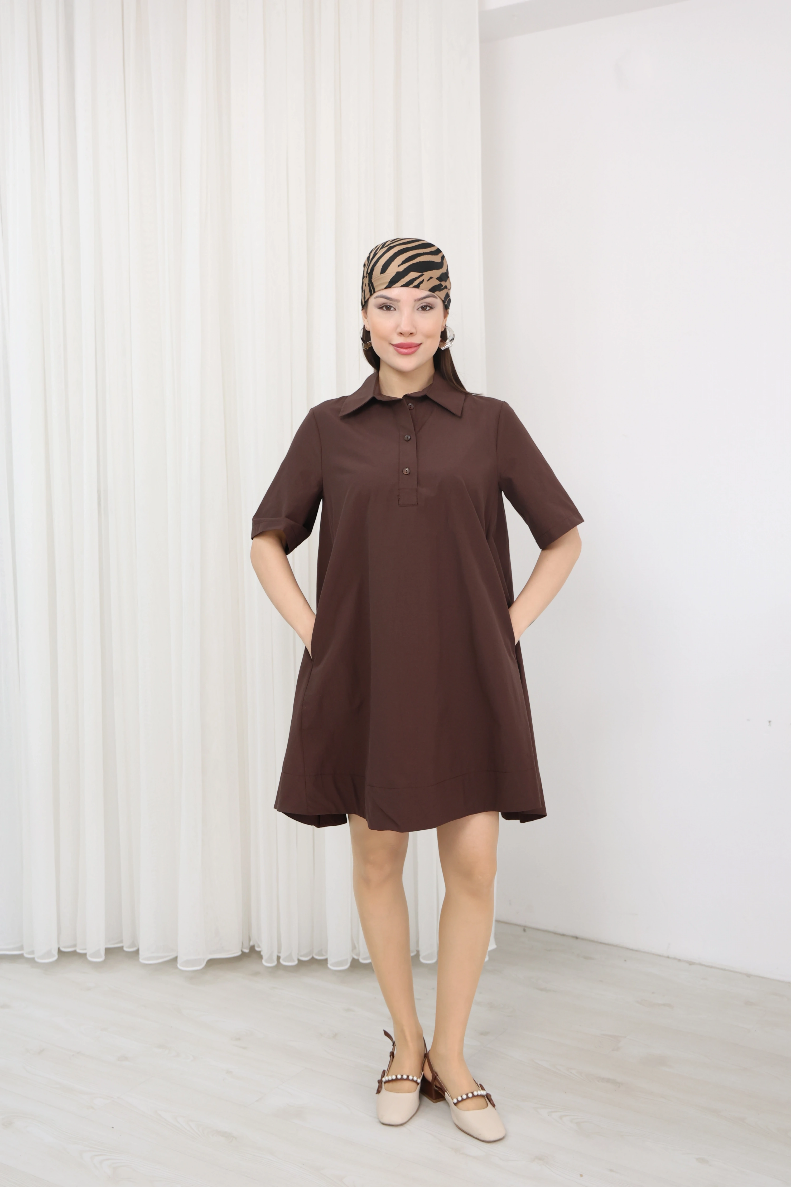 GÖMLEK YAKA ELBİSE - KAHVE