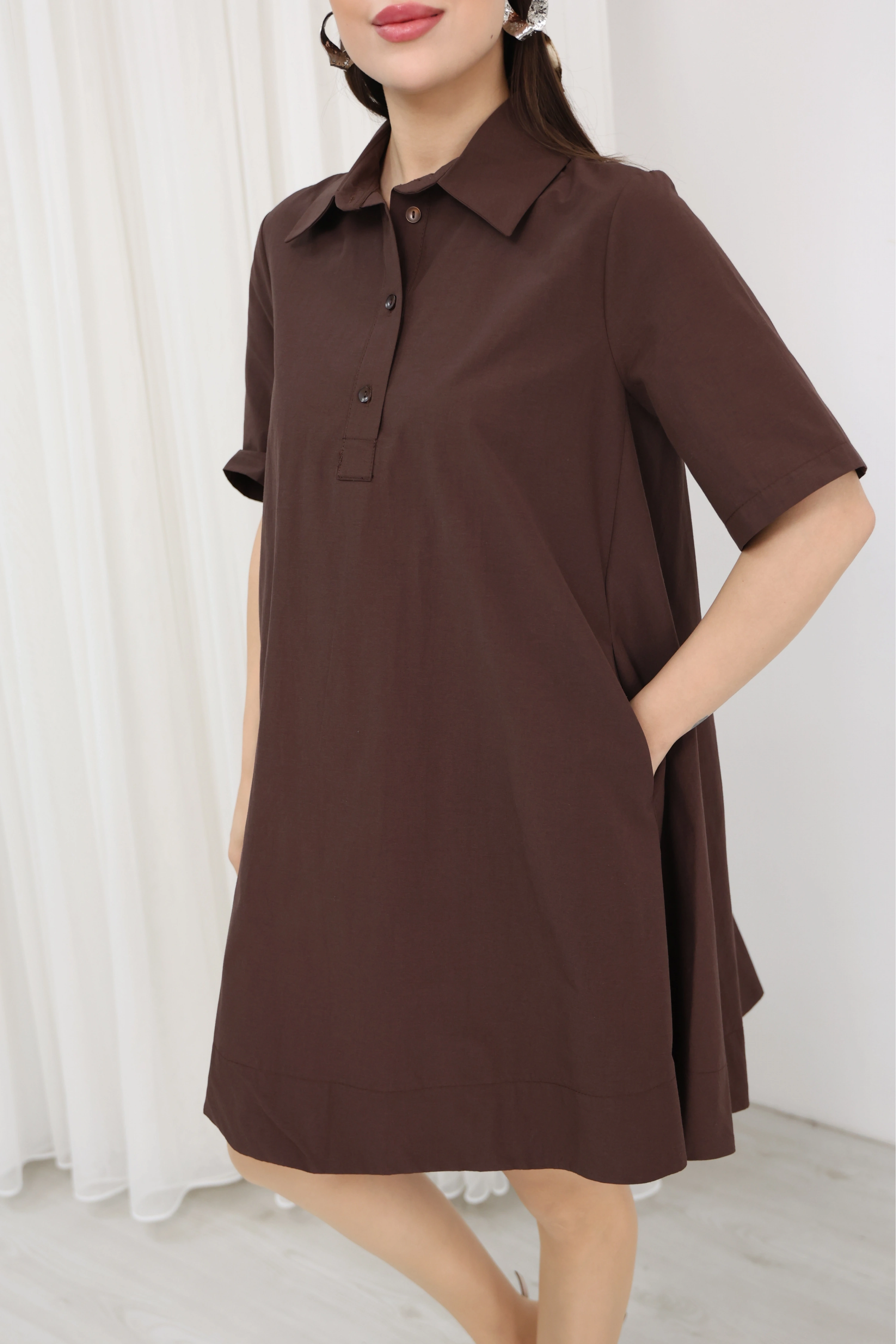GÖMLEK YAKA ELBİSE - KAHVE