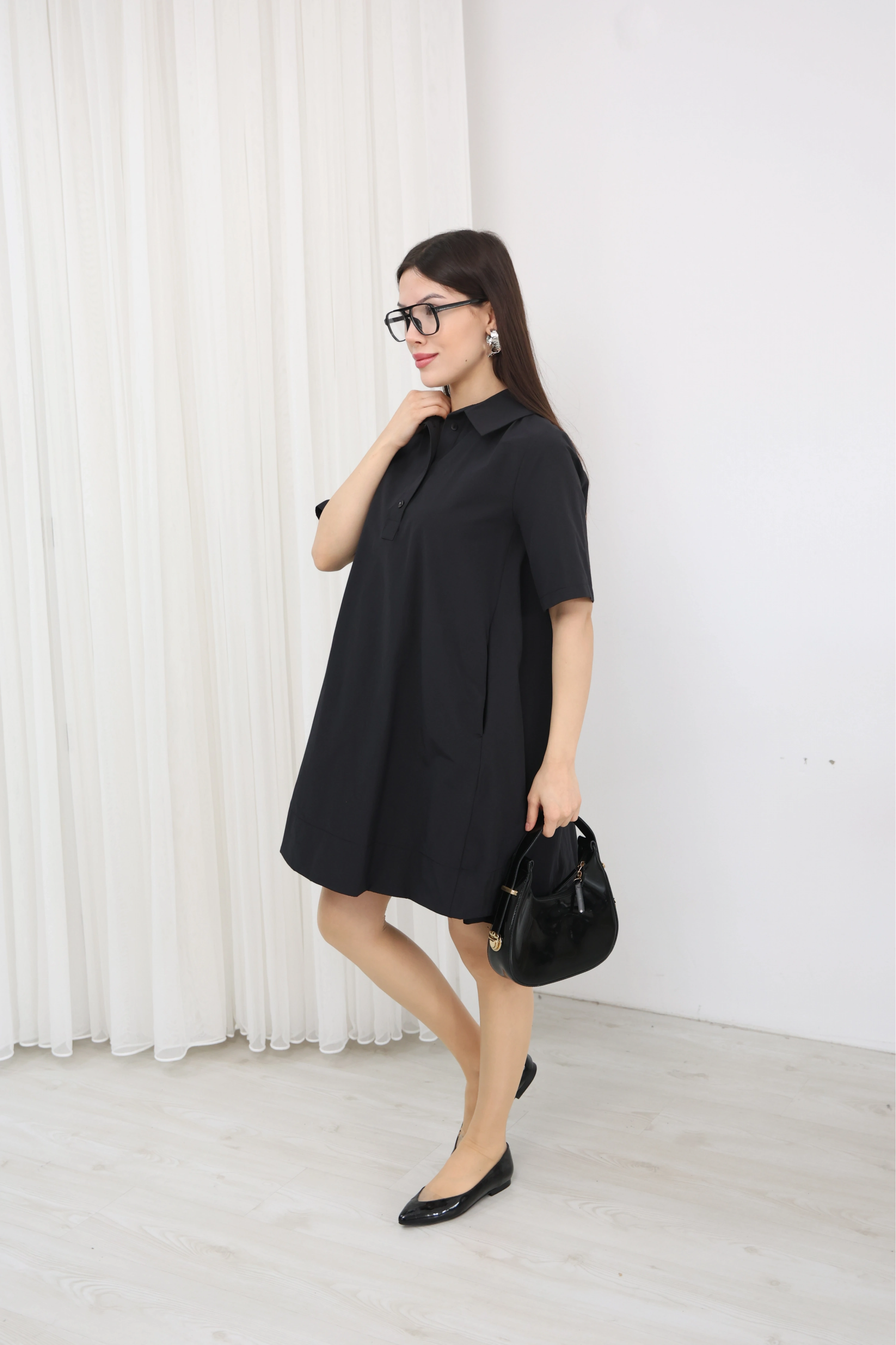 GÖMLEK YAKA ELBİSE - SİYAH